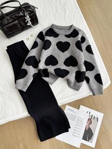 Sparklyn 2 件套女童圆领毛衣和喇叭针织裤，心形图案长袖针织上衣和裤子，温暖的 WinTween 女孩儿童服装，时尚灰色套装 - 灰色 - 查看 3