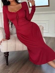 SHEIN 女士优雅针织纹理蝴蝶结蕾丝拼接长袖修身睡裙，适合圣诞节和冬季穿着 - 酒紅色 - 查看 6