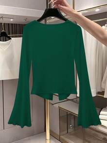 GlowEve Women's Solid Color Round Neck Long Sleeve Single-Breasted Casual Ribbed T-Shirt - Dark Green - View 2