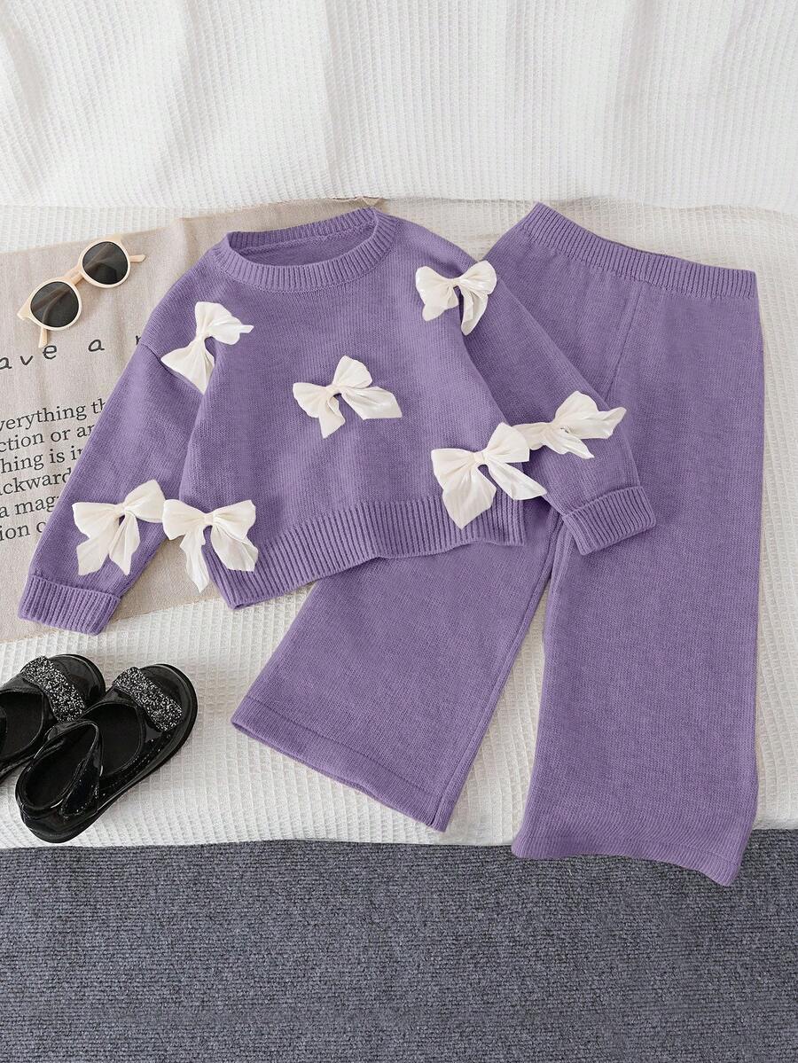 SHEIN Playful Pals 少女时尚甜美蝴蝶结针织毛衣搭配休闲直筒裤，适合居家、外出、聚会、返校 - 紫色 - 查看 1