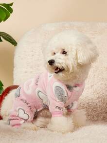 PETSIN 1件装宠物猫狗通用粉色爱心印花时尚秋冬毛绒保暖舒适圆领狗狗连体衣 - 粉色 - 查看 4