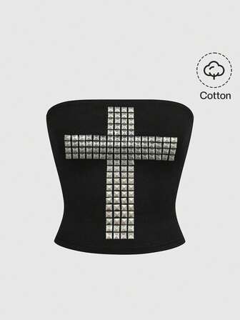 Punk Gothic Kreuz Strass Musik Festival Sexy Vintage schwarzes Baumwoll Crop Top für Frauen