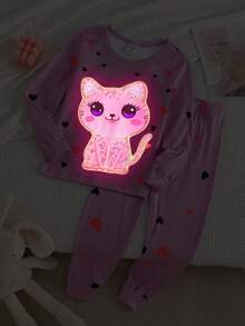2pcs Young Girls Cute Cat & Heart Glow-In-The-Dark Print Long Sleeve Top And Leggings Pajama Set