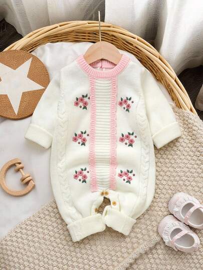 SHEIN Infant Ivory Knitted Romper, Delicate Embroidered Long Sleeve Jumpsuit, Sweet Style For Daily Wear Baby Casual Zipper Romper Baby Girl Knitted Outfits Baby Girl Sweaters Set Vintage Winter Baby Clothes Baby Sweater Romper Baby Clothes Fall Sweater Knit Baby Girl Clothes Baby Girl Winter Sweaters Baby Knitted Sweater Baby Girl Knitted Outfits Baby Knit Jumpsuit Baby Overalls Neutral Baby Clothes Baby Knit Jumpsuit Baby Sweater Romper Newborn Knitted Romper