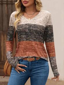 EMERY ROSE Shiny Striped V-Neck Long Sleeve T-Shirt Graphic Tees Women Tops For Spring - Multicolor - View 1