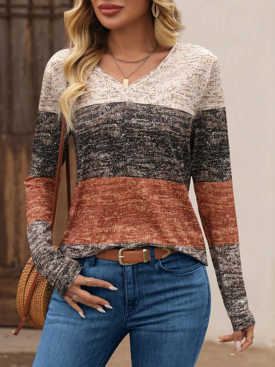 EMERY ROSE Shiny Striped V-Neck Long Sleeve T-Shirt Graphic Tees Women Tops For Spring - Multicolor - View 1