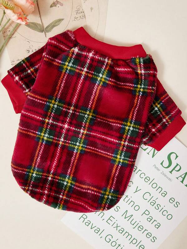 PETSIN 1 件宠物猫狗通用经典红色格子时尚印花毛绒保暖弹力舒适狗狗圆领