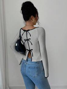 Elenzga Camiseta de mujer con lazo decorativo, cuello redondo, manga raglán y puños acanalados, ajustada y con bajo abierto, de moda - Gris - Ver 2