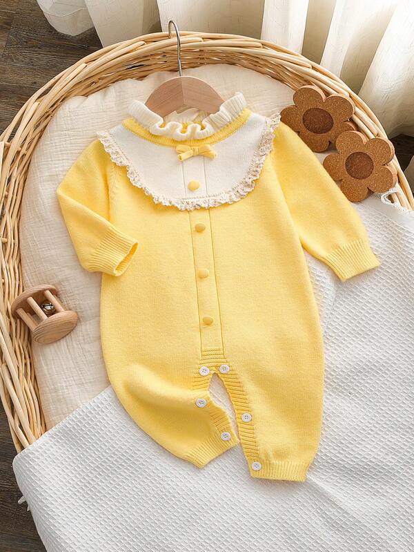 SHEIN Baby Girl Contrast Color Collar Long Sleeve Casual Knit Lace Trim Snap Front Romper Toddler Dress Petter Pan Collar Yellow Baby Girl Knitted Outfits Yellow Baby Romper Toddler Dress Peter Pan Collar Yellow