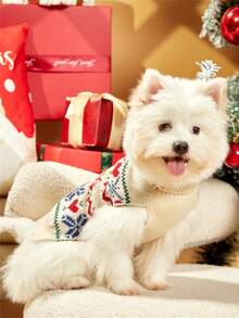 PETSIN 1件圣诞宠物猫狗通用杏色爱心雪花费尔岛图案提花针织弹力舒适狗狗圣诞毛衣 - 彩色 - 查看 3
