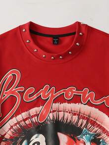 ROMWE MEN Street Life 男式铆钉字母和眼睛印花圆领长袖 T 恤 - 紅色 - 查看 5