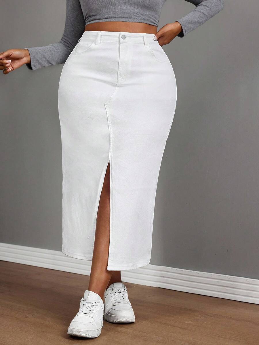 SHEIN SXY Túi nữ có kích thước lớn Váy xẻ tà dài thường ngày - trắng - Xem 1