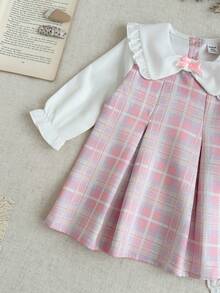 SHEIN 女婴荷叶边领蝴蝶结泡泡袖褶皱连衣裙，优雅可爱，适合日常、通勤、休闲穿着 - 粉色 - 查看 5