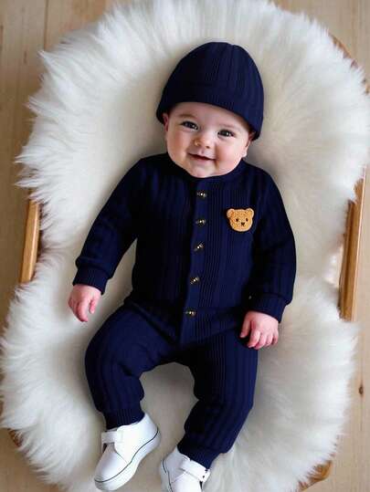 SHEIN 1 件男婴纯色羊毛连体衣，柔软舒适休闲风格，适合秋冬季外出、户外玩耍、度假、日常穿着、旅行