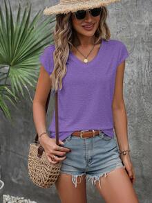SHEIN LUNE Áo thun thời trang cổ chữ V màu trơn, thường ngày, đa năng, mùa hè - Màu tím - Xem 5