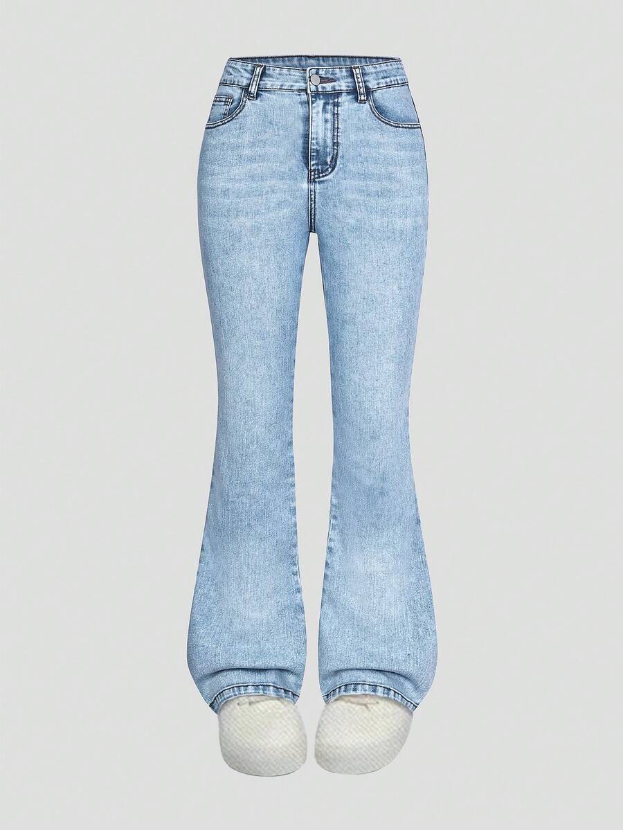 SHEIN Quần jeans ống loe co giãn, giặt dày thời trang Y2K đa năng, phổ biến dành cho các bé gái tuổi teen - Rửa trung bình - Xem 1