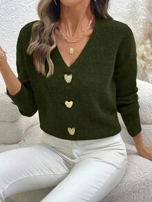 SHEIN LUNE 女式 V 领落肩长袖休闲毛衣，金属装饰，秋冬 - 軍綠色 - 查看 6