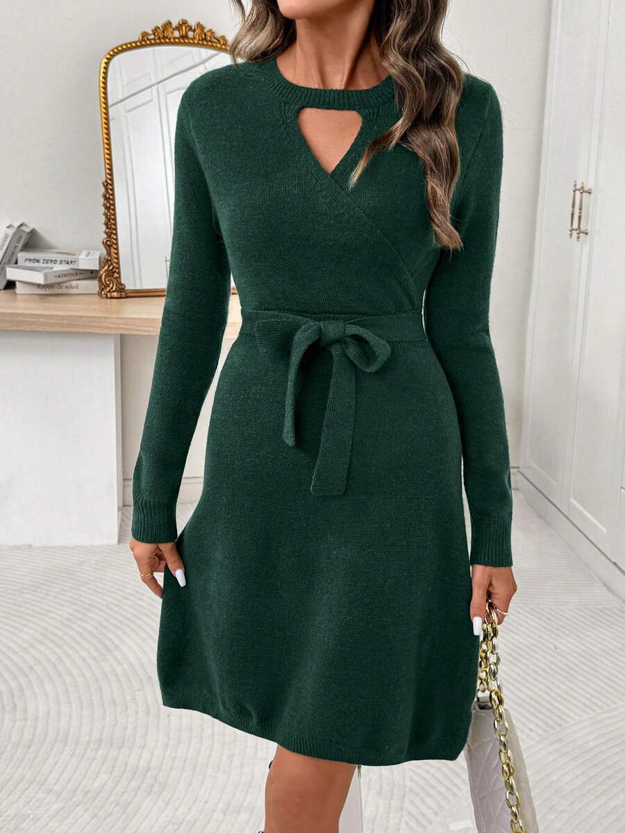 EMERY ROSE Vestido de punto casual con cuello de ojo de cerradura, manga larga y lazo en la cinturaunicolordo, para otoño/invierno - Verde - Ver 1