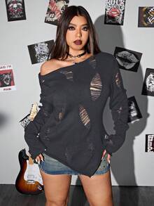 Whyspr Áo len chui đầu tay dài bất đối xứng màu trơn cỡ lớn cho nữ - Màu xám đen - Xem 1