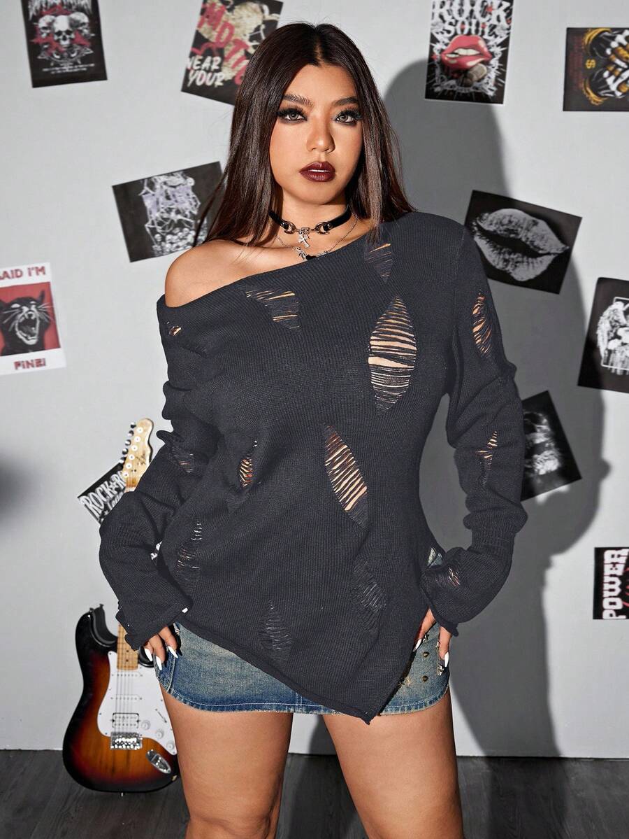 Whyspr Áo len chui đầu tay dài bất đối xứng màu trơn cỡ lớn cho nữ - Màu xám đen - Xem 1