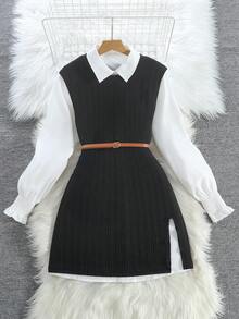 Sparklyn 2 件套青少年女孩优雅舒适长袖衬衫裙搭配纹理针织长开衫背心套装 - 黑色 - 查看 1