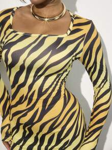 INAWLY Women's Allover Print Square Neck Fitted Long Sleeve Dress, Christmas - Multicolor - View 6