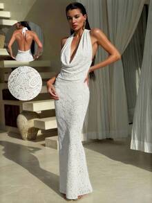 Bonvoyette Women's Paisley Lace Texture Fabric Casual Loose Backless Dress/Cover-Up, Suitable For Beach, Resort, Summer & Autumn/Winter White Halter Neck Dress White Mermaid Dress White Lace Backless Dress Rehersal Dinner Dress White White Elegant Evening Gown White Backless Dress White Elegant Dresses - White - View 1