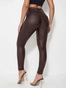 Chiquease Quần bó ống rộng màu trơn có túi trước cho nữ - Màu nâu Sô-cô-la - Xem 2