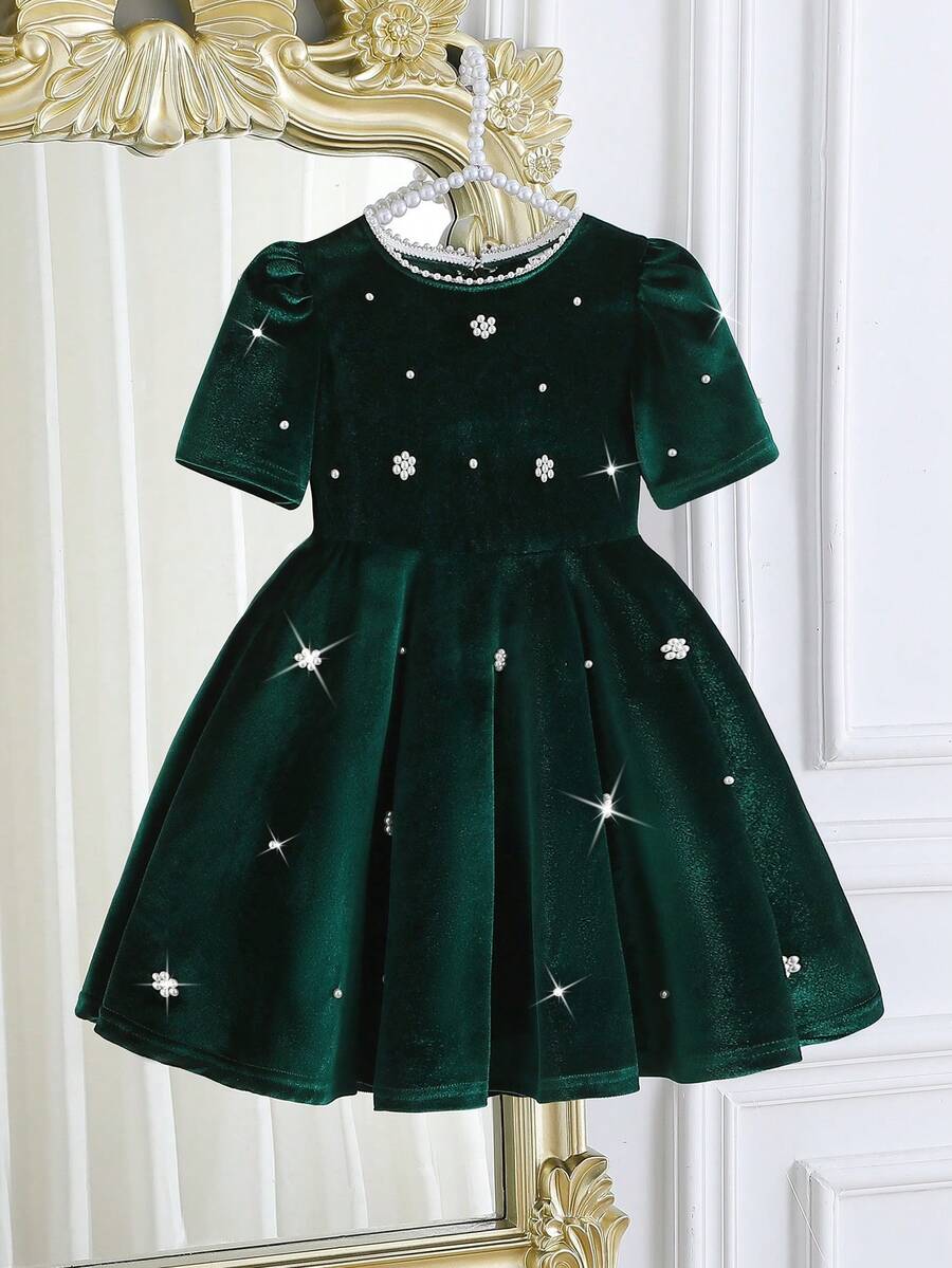 Elladie kids 年轻女孩勃艮第天鹅绒泡泡短袖A字珍珠缀饰连衣裙,珍珠圆领水滴扣,复古宫廷风,优雅大方,适合圣诞派对,春秋季 - 綠色 - 查看 1