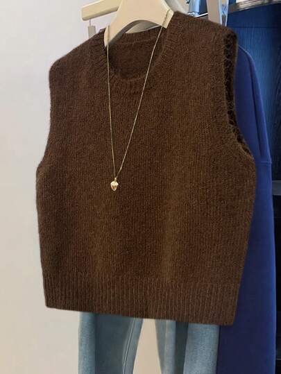GlowEve Women's Solid Color Round Neck Casual Knitted Vest, Autumn/Winter