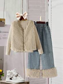 3pcs Girls Winter Outfit - Long Sleeve Frill Trim Undershirt + Furry Vest + Denim Patchwork Furry Pants, Korean Style Girls Autumn/Winter Set - Khaki - View 1