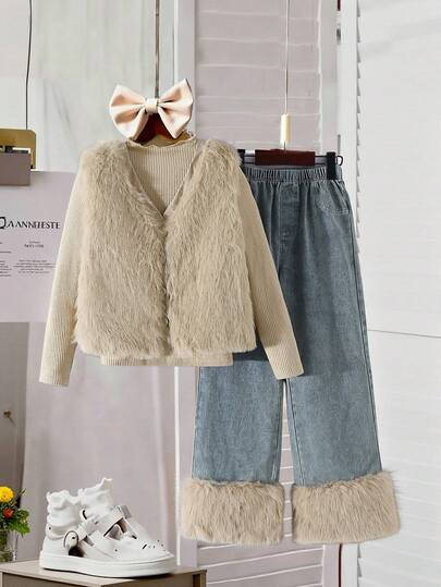 3pcs Girls Winter Outfit - Long Sleeve Frill Trim Undershirt + Furry Vest + Denim Patchwork Furry Pants, Korean Style Girls Autumn/Winter Set