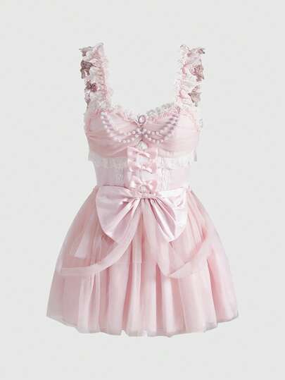 ROMWE Kawaii Women's Vintage Palace Style Lace Trim Bow Pearl Chain Layered Ruffle Hem Princess Dress