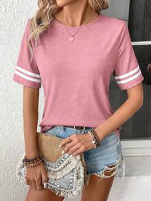 SHEIN LUNE 女式撞色圆领短袖T恤图案T恤女式上衣 - 粉色 - 查看 3