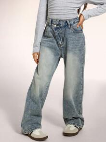Radiana Tween Girls Y2k Fashion Casual Vintage Blue Denim Diagonal Waist Design Loose Comfortable Jeans For Girls Costume Dailywear And The Four Seasonsr Tween Girl Clothes - Blue - View 2