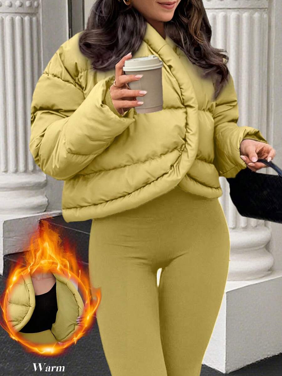 EMERY ROSE Women's Solid Color Long Sleeve Short Casual Winter Jacket - Light Yellow - View 1