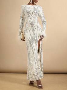 SHEIN Veneréa Women's Sequin Bodycon Dress, Long Sleeve - Beige - View 7