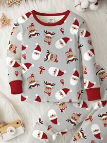SHEIN 小男孩休闲修身圆领长袖睡衣套装，舒适贴身，适合秋冬季，圣诞节，圣诞老人，圣诞帽，圣诞树，圣诞图案印花 - 彩色 - 查看 4