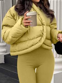 EMERY ROSE Women's Solid Color Long Sleeve Short Casual Winter Jacket - Light Yellow - View 3