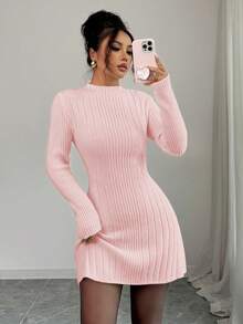 Elenzga Vestido ajustado de línea A de manga larga con cuello alto acanalado, que estiliza y ciñe la cintura para mujeres - Rosa Pálido - Ver 4