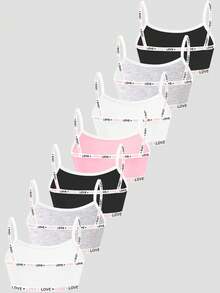 Set da 7 pezzi di canotte in cotone morbido di colore unito con stampa "LOVE" e fiocco, stile casual e minimalista per ragazze - Multicolore - Visualizzare 2