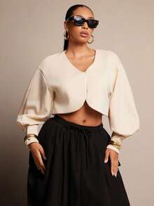 Vixey 纯色 Scuba 灯笼袖落肩宽松开衫 - 卡其色 - 查看 2