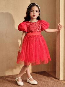 SHEIN Glamorique Kids Christmas Young Girl Party Dress, Girls Princess Tulle Dress With Puff Sleeves, Faux Pearl Decor, Sequin Mesh Skirt, Bow Back, Suitable For Stage, Piano Performance, MiddlRomantic - Red - View 6