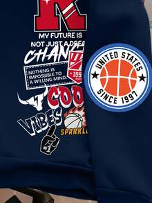 Claim Dot 男士标语印花长袖休闲保暖连帽卫衣，秋冬 - 藏蓝色 - 查看 4