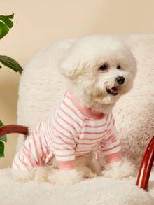 PETSIN 1件装宠物猫狗通用粉色条纹经典时尚秋冬毛绒保暖舒适圆领狗狗连体衣 - 彩色 - 查看 4