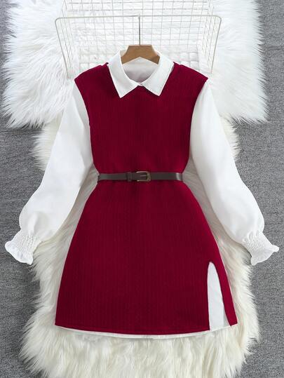 Women's Vacation Casual Elegant Textured Knit Vest Paired With Long Sleeve Collared Shirt Dress 2-Piece Set, Suitable For Everyday Wear