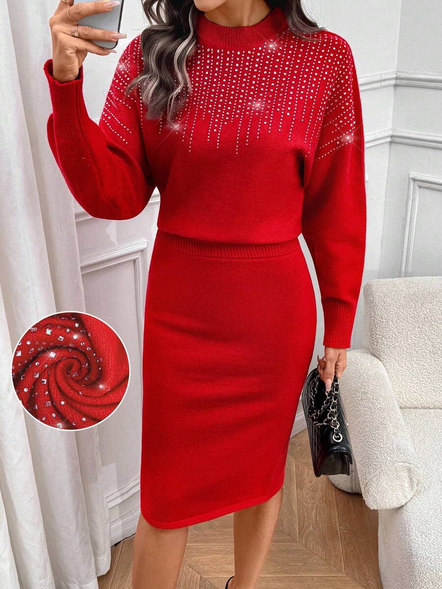 SHEIN LUNE 2pcs/Set Sweater Lengan Kelelawar Berhiaskan Rhinestone dan Rok Bodycon Wanita, Merah Natal, Tahun Baru - Merah - View 1