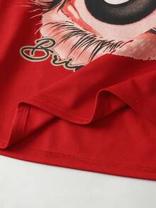 ROMWE MEN Street Life 男式铆钉字母和眼睛印花圆领长袖 T 恤 - 紅色 - 查看 7