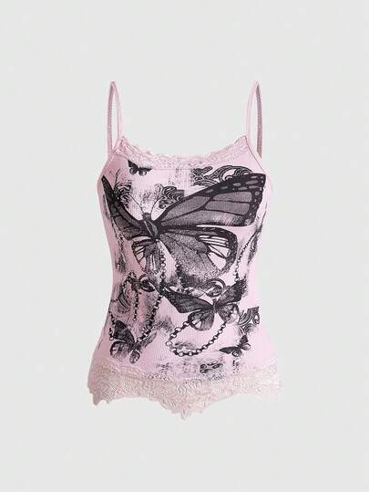 Fairycore Camiseta de mujer con estampado de mariposa y parches de encaje