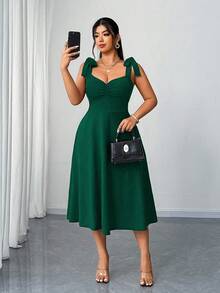 Elenzga Plus Size V-Neck Ruched Waist Slit Elegant Romantic Dress For Women Green St Patricks Day St Patrick's Day - Dark Green - View 5
